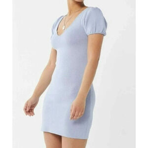 Urban Outfitters Thea Sweaterknit Mini Dress XS Sky Blue Puff Sleeves Split Neck
